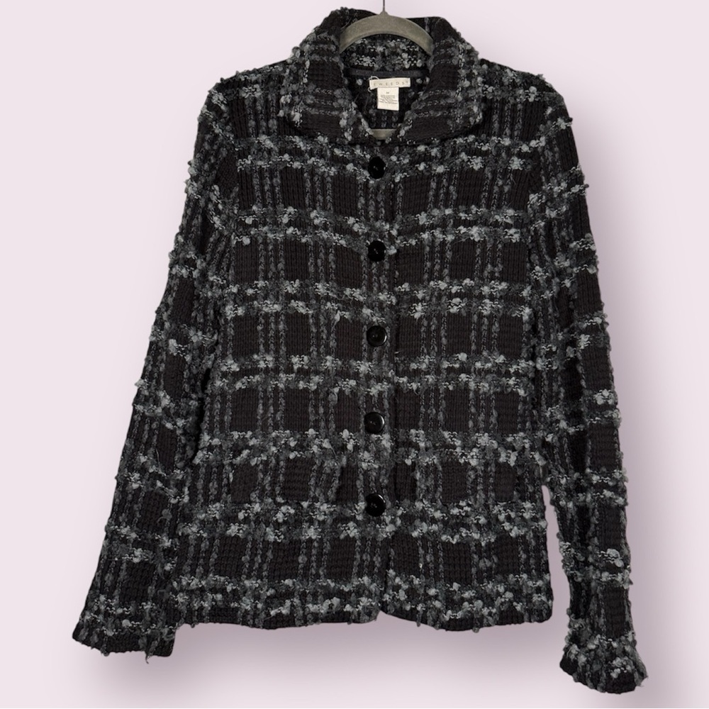 Tweeds Black and Grey Checker Plaid Knit Textured Blazer Jacket Medium